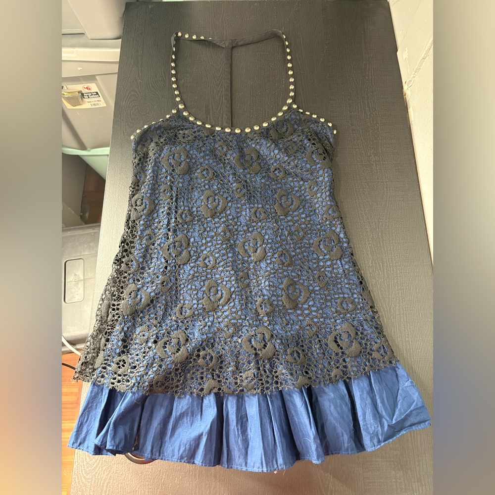 Free People Blue Black Lace Overlay Dress Size 2